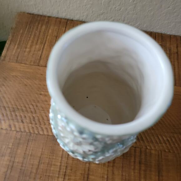 Vintage Ceramic Vase Aqua Glaze with White Raised Floral Design 8.25 Inch Tall - Picture 6 of 10
